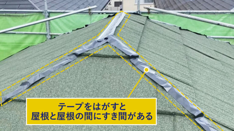 テープをはがずと屋根と屋根の間にすき間がある