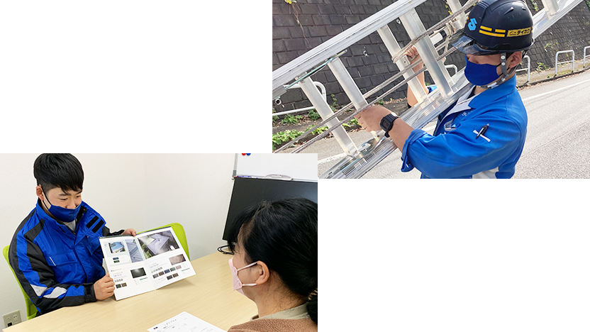 現場に向かうテイガク社員と商談スペースの様子