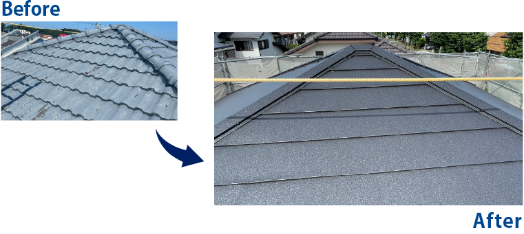 瓦屋根を断熱材一体型エスジーエル鋼板で葺き替えリフォーム