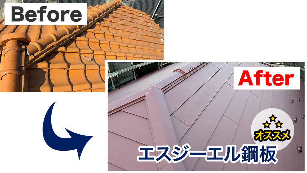 エスジーエル鋼板への葺き替えの前と後