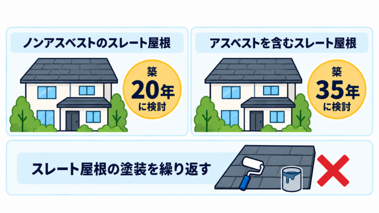 ノンアスベストのスレートは築20年、アスベストを含むスレートは築35年