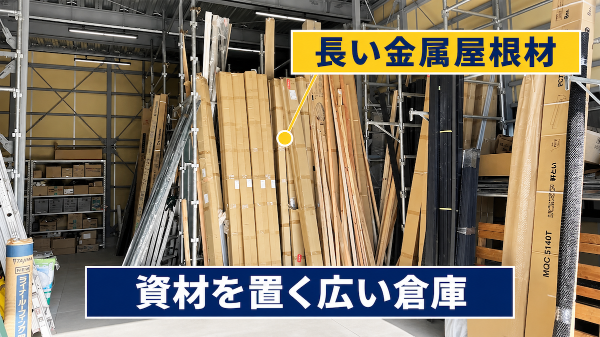 長い金属屋根材を保管する倉庫