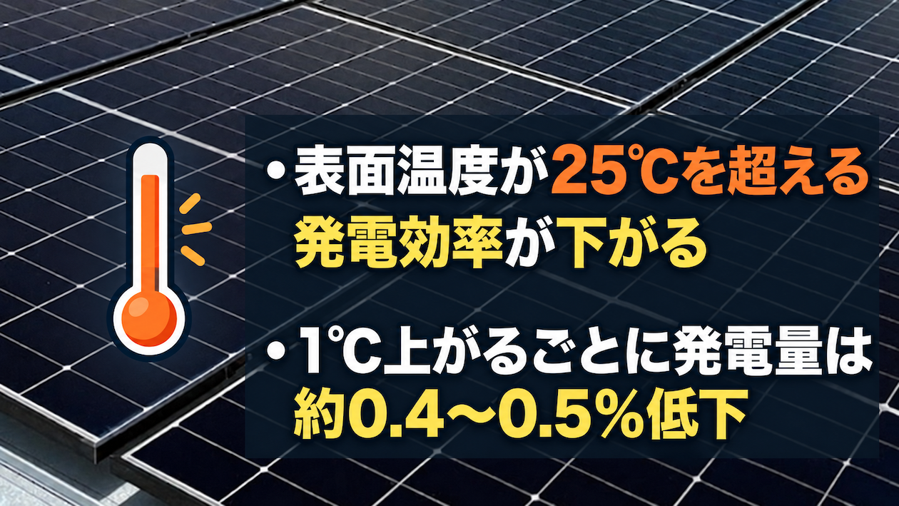 表面温度が25度を超えると発電効率が下がる、1度上がるごとに発電量は約0.4〜0.5%低下